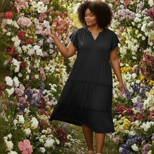 NWT New Lucky Brand Black Rayon Tiered Flutter Short Sleeve Dress Size 3X